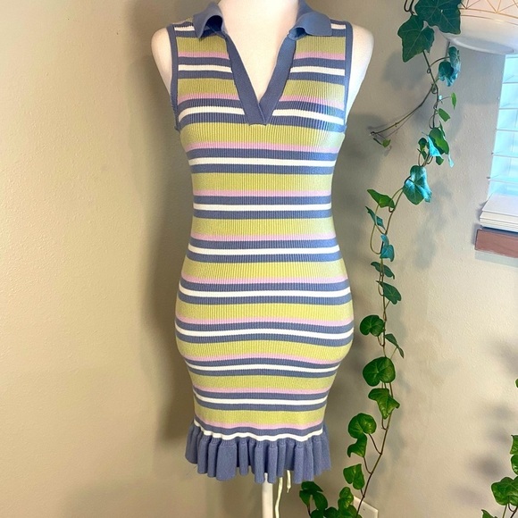 Hippie Rose Dresses & Skirts - Hippie Rose‎ V-Neck Sleeveless Sweater Dress Stripe Ruffled Hem Size Small